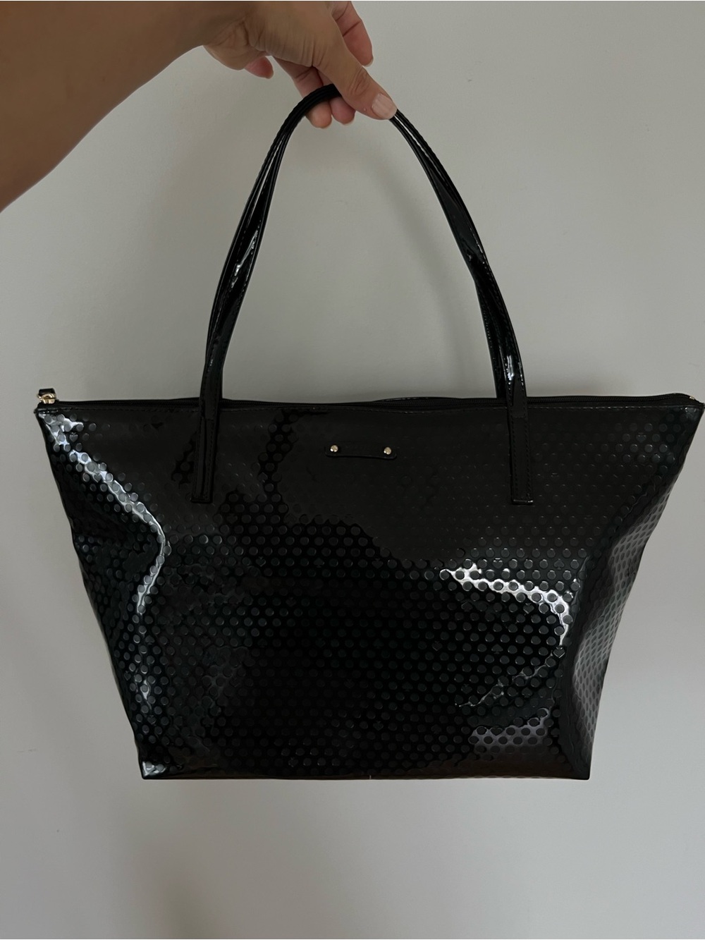 Kate Spade New York Black Patent Dot Large Tote Shoulder Bag Pink Lining